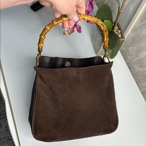 Vintage Gucci Brown and Yellow Bamboo Handle Shoulder Bag